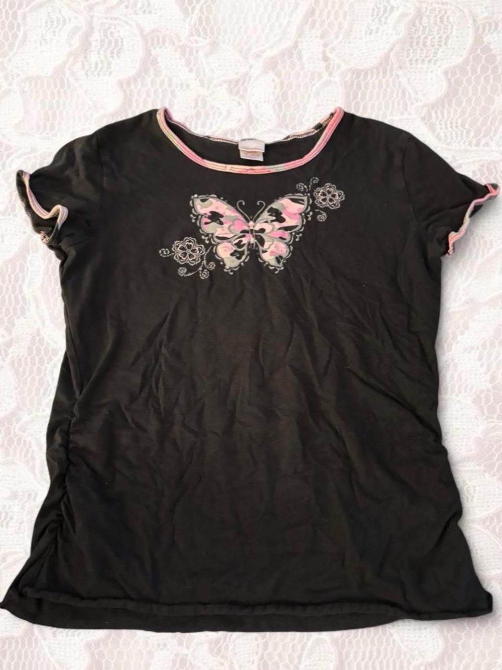 Black Butterfly Tee with Pink Accents